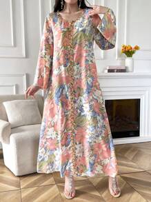 Yasmyna Robe longue modeste arabe élégante à manches longues avec imprimé floral et appliqué, décolleté en V pour femme, pour l'été