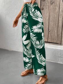 SHEIN Frenchy 女款隨機印花簡約日常風格束腰長褲，度假裝 - 墨綠色 - 查看 4