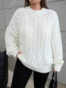 Cloudara Plus Size Cable Knit Drop Shoulder Sweater, For Winter - White - View 1