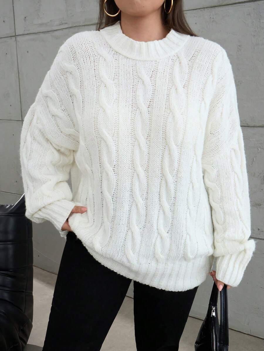 Cloudara Plus Size Cable Knit Drop Shoulder Sweater, For Winter - White - View 1