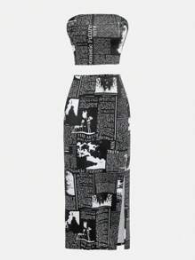 SHEIN Teen Girls Black & White Graffiti Newspaper English Print Strapless Tight Dress And Skirt Casual Streetwear Two-Piece Set