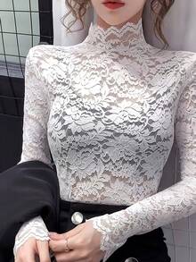 Spring/Summer Slim Fit High Neck Sexy Lace Top With Stretch
