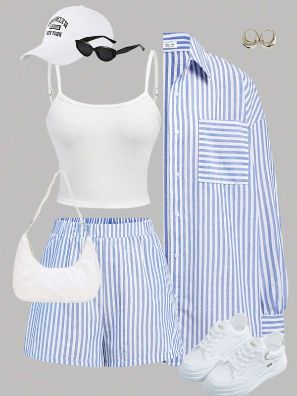 SHEIN Girlism Conjunto de camisa a rayas azules y blancas, chaleco y shorts para niña adolescente, ideal para estilo casual y de vacaciones, 3 piezas / set