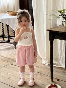 SHEIN Conjunto de top bordado con dibujos animados y pantalones cortos de punto con bolas de pompón para bebés niñas - Blanco - Ver 1