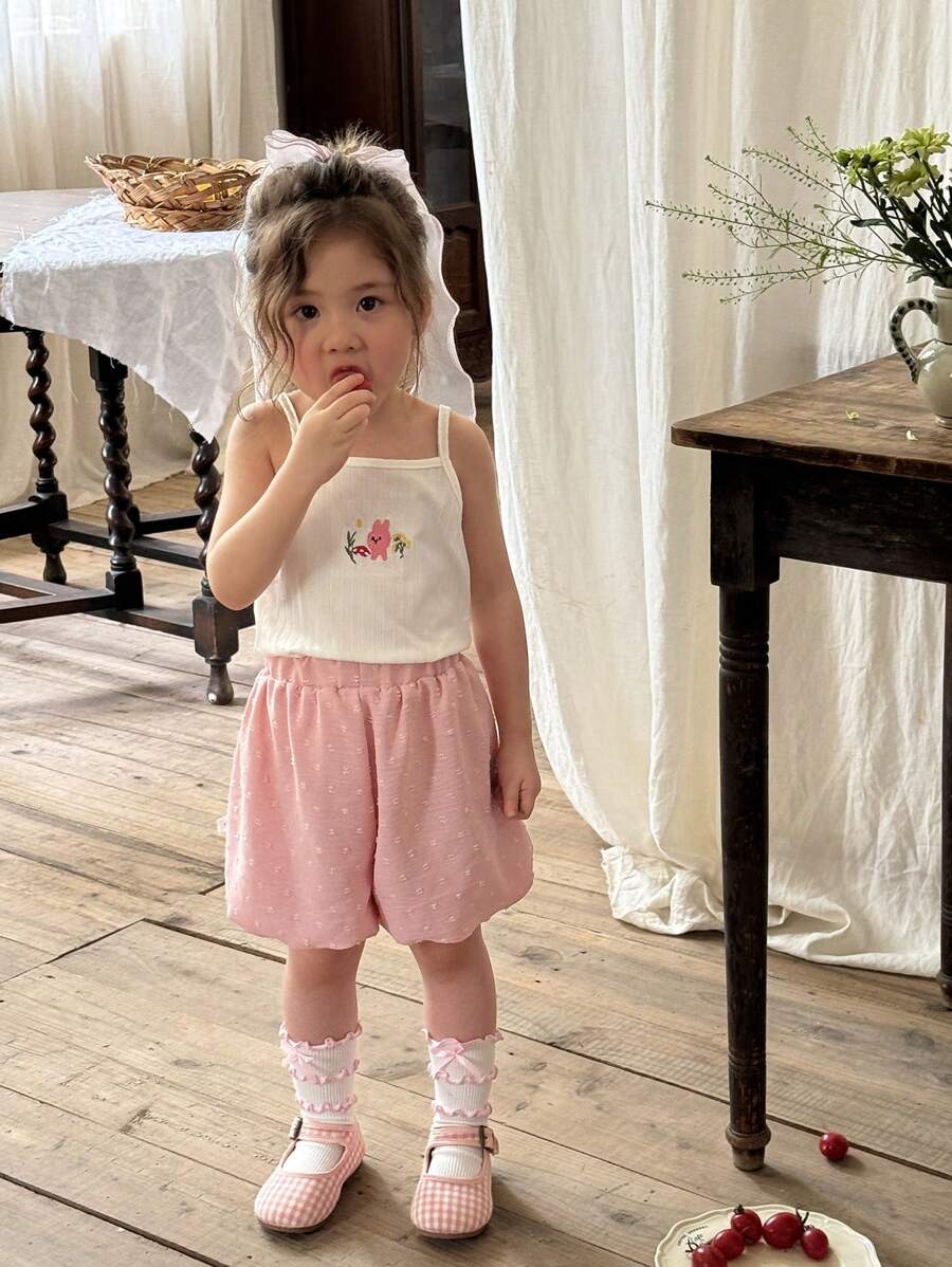 SHEIN Conjunto de top bordado con dibujos animados y pantalones cortos de punto con bolas de pompón para bebés niñas - Blanco - Ver 1