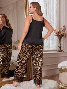 LuxeNights Plus Leopard Print Contrast Lace Satin PJ Set / Pajama Set - Multicolor - View 2