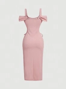 SHEIN MOD 粉色束腰開衩夏季女裝連身裙，商務休閒裙，婚禮女裝裙，粉色夏季女裝連身裙，性感連身裙，修身晚禮服 - 粉色 - 查看 2