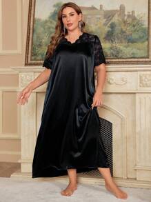 Plus Sheer Lace Design Long Pajama Dress, Moo Moo