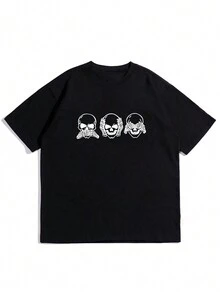 Men's Skull Print Black Short Sleeve T Shirt For Summer, For Halloween - Black - View 3