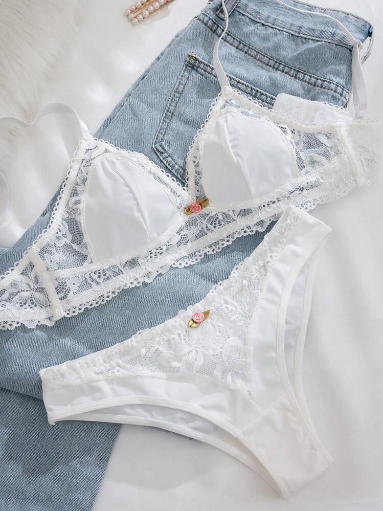 PetitDoll 2枚組 レディース快適なブラレットセット ワイヤレス パッド付き レース トリミング三角カップ、ランジェリー、かわいい - ホワイト - 見る 4