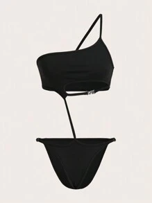 SHEIN ICON Y2k Summer  One Shoulder Hollow Out Bodysuit With Metal Hardware Detail And High Waist For Women