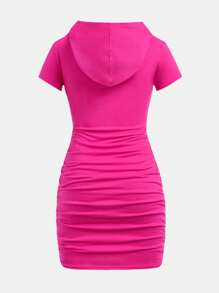 SHEIN Girlism Robe à capuche tricotée ajustée pour adolescentes avec détail froncé, rose, imprimée de lettres, convient pour les tenues urbaines et les activités sportives décontractées