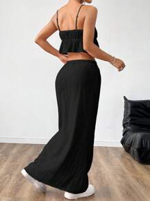 Muchica Women's Summer Fashionable Black Ruched Short Suspender Skirt And Long Camisole Romantic Holiday Set