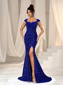 Faeriesty Vestido formal de cola de sirena con escote de corazón, mangas cortas y lentejuelas - azul real - Ver 4