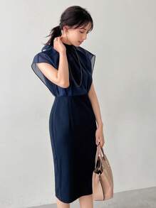 FRIFUL Đầm suông cổ đứng mùa hè phong cách đi làm cho nữ - Màu xanh lam - Xem 10