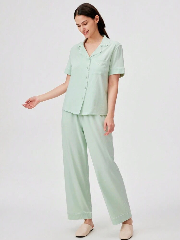 Green Soft Cotton & Modal Mint Green Basic Long Pajama Sets For Women Lounge Sets For Women Pants With Pockets, Fall Clothes,Spring And Summer