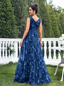 SHEIN Belle Floral Print Mesh Layer Dress Fashion Slim Ball Gown Skirt Maxi Women Outfit - Multicolor - View 2