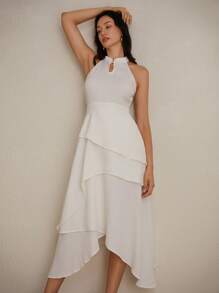 Aveloria Modichic Plain Minimalist Chinese Style 3D Textured Fabric Mandarin Collar Sleeveless Asymmetrical Layered Ruffle Hem Long Dress - Beige - View 6