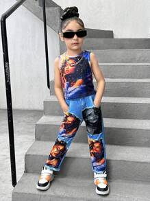 SHEIN Explorewe Young Girl' Spring/Summer Knit Top With Special Effect Prints & Cool 2pcs Set Of Printed Jeans-Like Pants - Blue - View 5