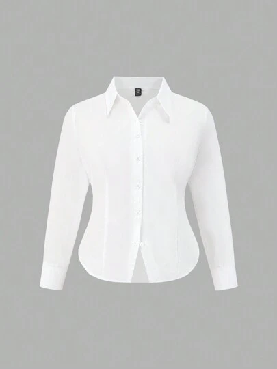 SHEIN EZwear Plus Size Cotton White Waist-Fitting Commuter Shirt