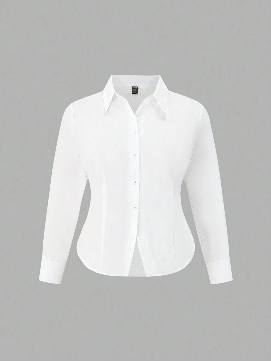 SHEIN EZwear Áo sơ mi đi lại bằng cotton màu trắng cỡ lớn - trắng - Xem 1
