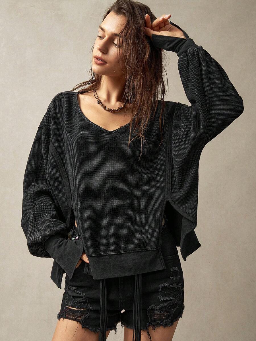 Bohemela Áo thun dài tay màu hồng vintage cỡ lớn dành cho nữ, thích hợp mặc mùa thu, mùa đông. - màu đen - Xem 1