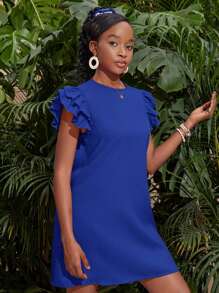 SHEIN SLAYR KIDS Teen Girl Woven Loose A-Line Doll Dress, Cap Sleeve Off-Shoulder Ruffle Hem Casual Summer Holiday Outfit Holiday Outfits - Royal Blue - View 5