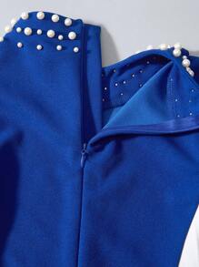 Tween Girl Beaded Pleated Spliced A-Line Puffed Sleeve Dress - Blue and White - View 5