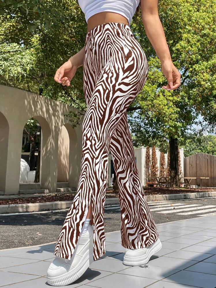 SHEIN EZwear Knitted Women's Skinny Flare Pants With Zebra Stripes