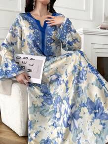 Al Najma Damen elegantes Kleid mit langem Glockenärmel und Blumenmuster, Frühling/Sommer, Kaftan