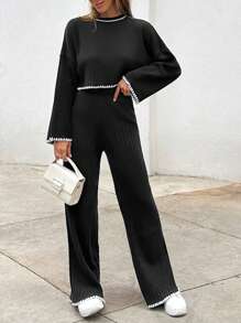 EURMUSE Casual Hand Sticth Contrast Color Hem Detailed Sweater & Sweater Pants Co-Ords - Black - View 6