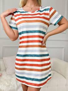 SHEIN Vestido de pijama de manga corta con estampado de rayas coloridas, ropa de dormir de verano - Multicolor - Ver 5