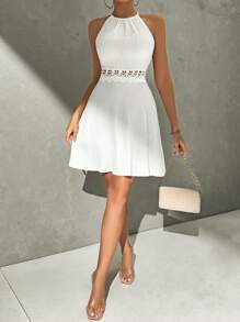 SHEIN Privé Women's White Lace Halter Backless Dress With Lace Straps, Elegant Summer Wedding Party Tea Dress Flowy Dress - White - View 5