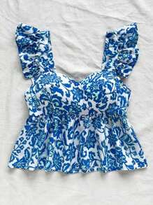 Soleia 女式假日藍白印花短袖上衣 - 藍白色 - 查看 4