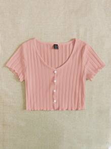 SHEIN EZwear Lettuce Edge Button Front Rib-knit Top - Coral Pink - View 4