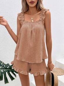Breezaya Bộ áo vest và quần short viền bèo màu trơn dành cho kỳ nghỉ và giải trí - Bụi hồng - Xem 3
