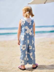 青少女假日休閒可愛花卉印花連身褲，配有蝴蝶結細節和寬腿牛仔褲 - 中等水洗藍 - 查看 2