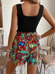 SHEIN VCAY Vestă de culoare solidă cu gât rotund și pantaloni scurți de pungă de hârtie cu talie înaltă cu centură, cu imprimeu integral, ținută 2 buc pentru vacanță de vară - Negru - Vizualizare 2