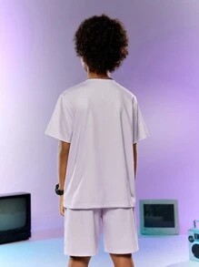SHEIN 適合青少年男孩夏季穿著的字母印花圓領短袖T卹和短褲休閒裝 - 薄荷綠 - 查看 2