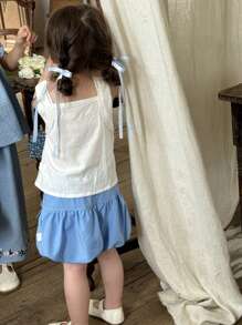 SHEIN 女童夏装灯笼裤两件套无袖上衣和下装儿童装2024新款休闲森系女童衣服薄款时尚 - 藍白色 - 查看 2