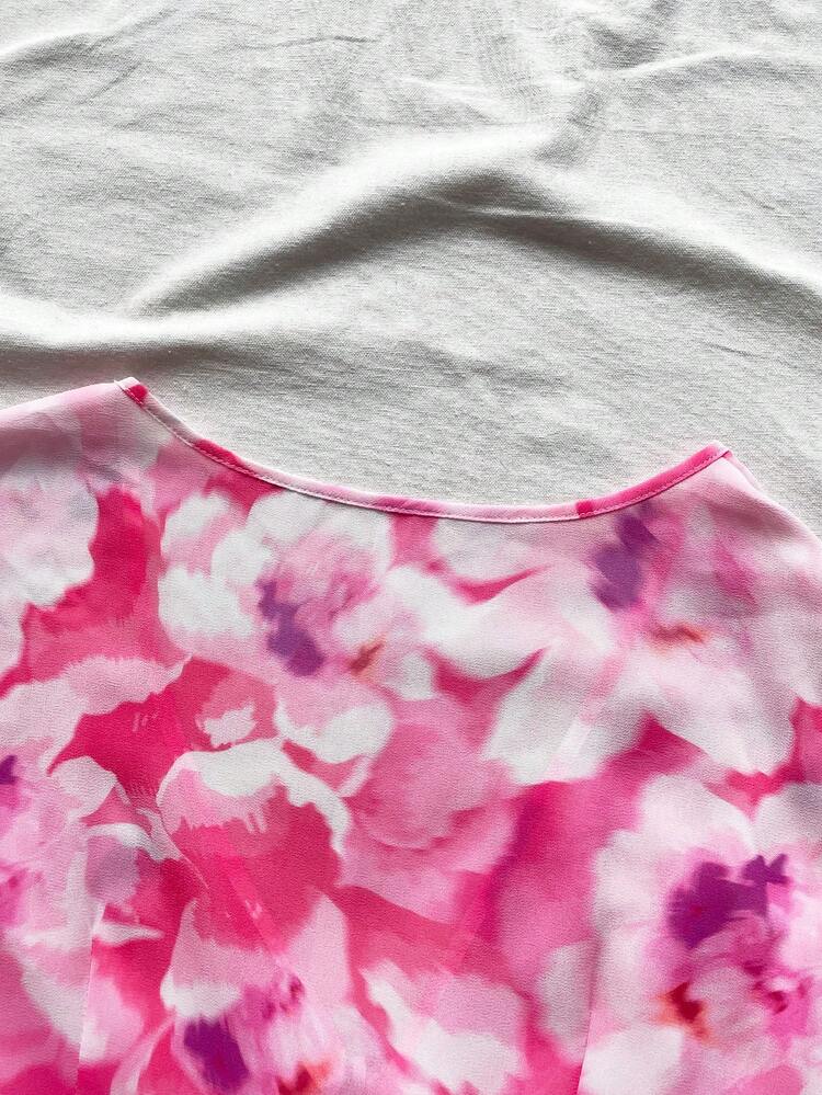 Women's Romantic Floral Tie Dye Print Chiffon Blouse With Deep V-Neck, Front Bow Tie, Lantern Sleeves & Ruffle Cuffs, Ideal For Tea Party, Graduation
