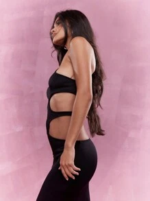 MISSGUIDED 挂脖领镂空长连衣裙 - 黑色 - 查看 3