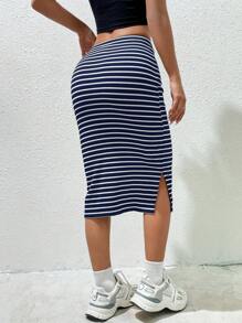 SHEIN EZwear 海軍藍條紋針織女裙 - 藏蓝色 - 查看 2