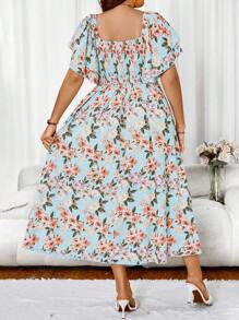SHEIN Unity 大码连肩袖心形领蕾丝提花连衣裙 - 藍色 - 查看 2