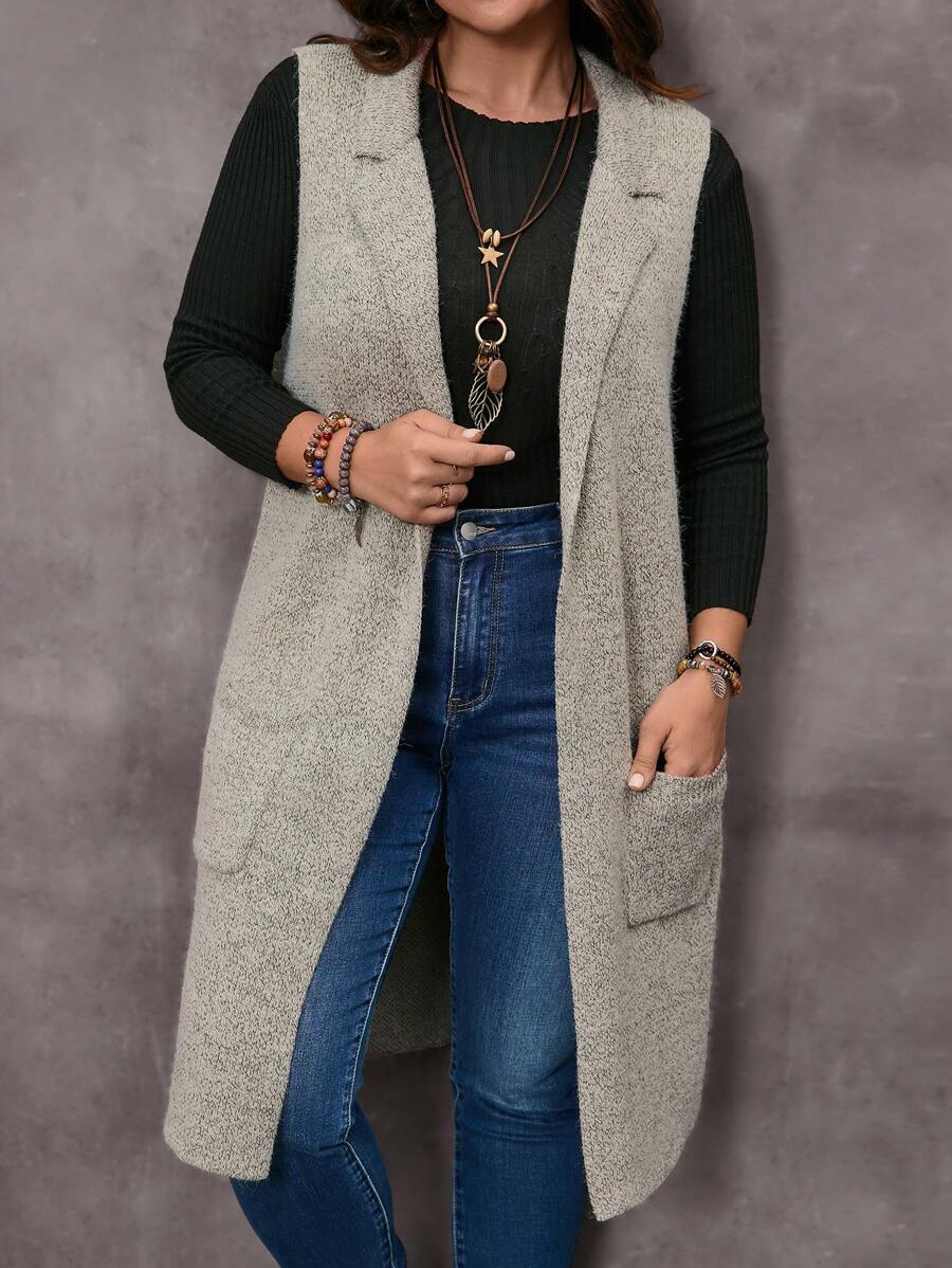 EMERY ROSE 大尺碼西裝領背心針織衫 - 卡其色 - 查看 1