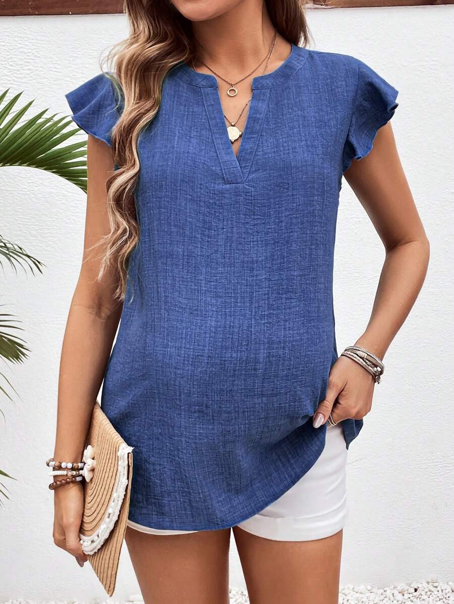 SHEIN 孕妇日常休闲V领荷叶边袖长款孕妇上衣 - 藍色 - 查看 1