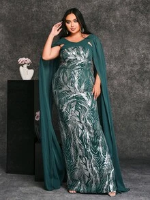 seomiscky Plus Size Sequined Puff Sleeve V-Neck Bodycon Women's Formal Evening Party Dress - Dark Green - View 3