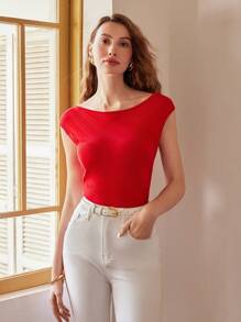 MOTF PREMIUM 實心船領蝙蝠袖修身針織上衣 - 紅色 - 查看 4