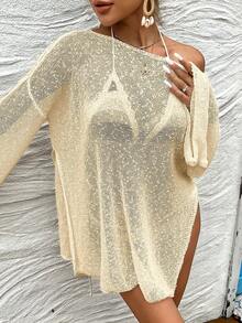 女士宽松休闲薄款雪纺沙滩罩衫连衣裙，适合夏季度假 - 杏色 - 查看 4