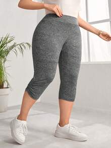 SHEIN CURVE+ Plus Size Grey Knit Ruched Design Detail Sports Leggings - Dark Grey - View 5